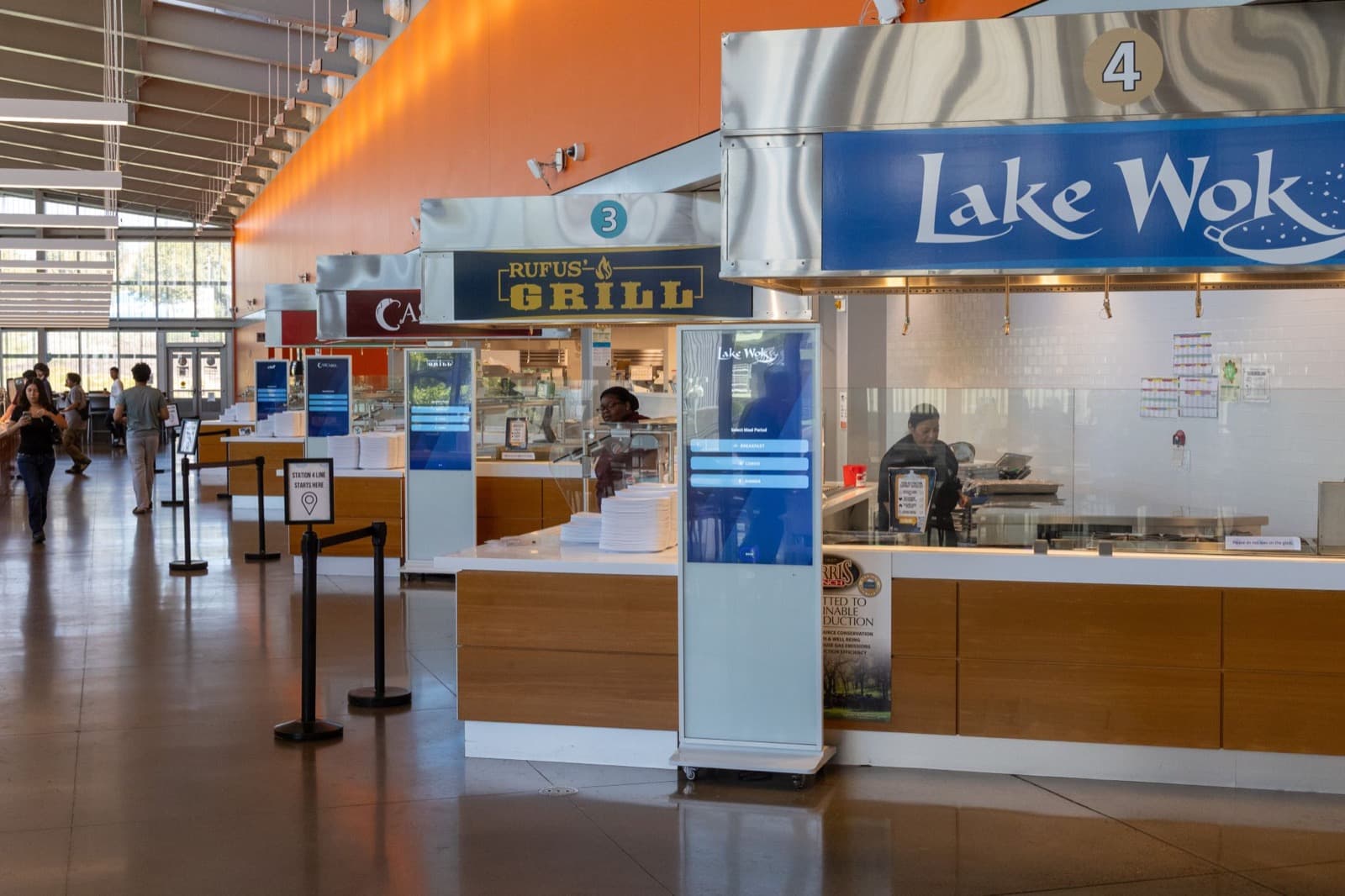 DineBoard displays running across stations at The Pavilion dining center